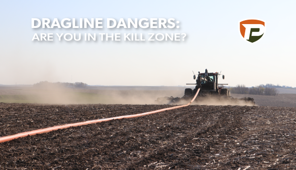 a tractor pulling a toolbar applicator through a field with a dragline and the overlaid title Dragline Dangers: Are You in the Kill Zone