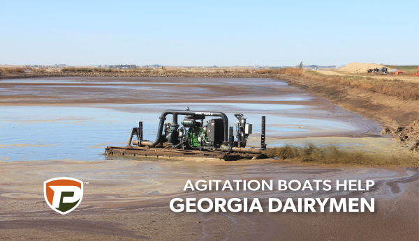 a Puck agitation boat in a manure lagoon with the overlaid title Agitation Boats help Georgia Dairymen