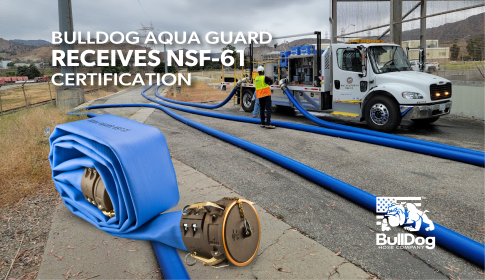 BullDog's Aqua Guard hose attached to a truck and a clipped Aqua Guard rolled up in the foreground with the overlaid title BullDog Aqua Guard Hose Product Receives NSF-61 Certification