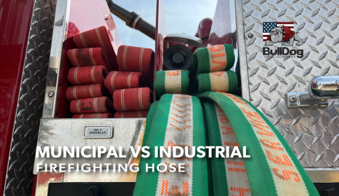 folded crosslays on a fire truck with the overlaid title Municipal vs Industrial Firefighting Hose