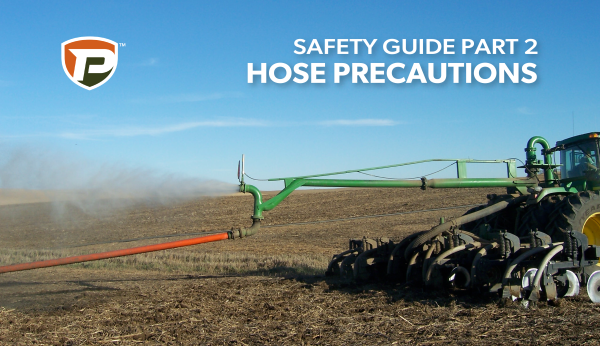 an applicator attached to a swingarm and tractor with the swingarm attached to hose and pigging the top with the overlaid title Safety Guide Part 2 Hose Precautions