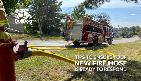 a fire hydrant wit ha US Coupling gate attached and a yellow hose attached to the gate which connects to a fire truck a few yards away with the overlaid title Tips to Ensure Your New Fire Hose is Ready to Respond