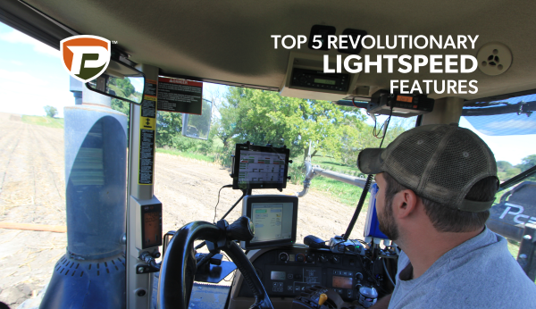 a man sitting in a tractor cab looking out the window and surrounded by tech screens with the overlaid title Top 5 Revolutionary LightSpeed Features