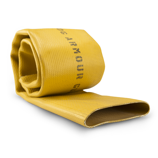 the opening of a rolled up, yellow Armour Guard lay-flat hose