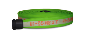 hi vis Hi-Combat hose rolled in a donut on its side