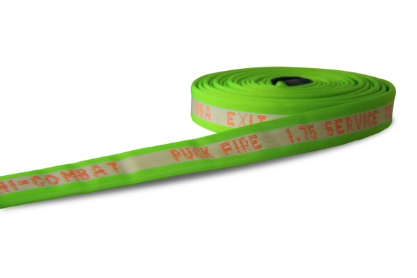 Hi vis Hi-Combat hose rolled in a donut on its side showing off etching