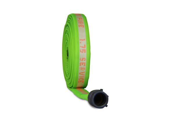 Hi vis Hi-Combat hose rolled in a donut sitting upright