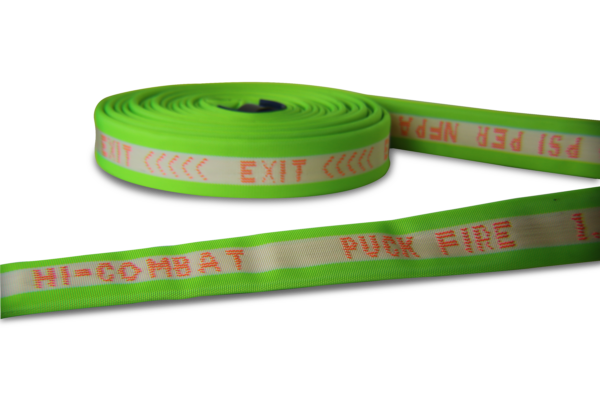 Hi vis Hi-Combat hose rolled in a donut on its side showing off etching