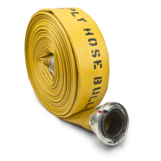 the Hi-Vol large diameter supply hose in standard yellow, rolled up and sitting upright