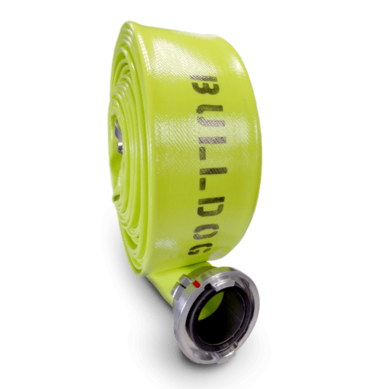 the bright yellow Hi-Vol TPU abrasion-resistant supply hose. the thermoplastic polyurethane fire hose is rolled up and sitting upright