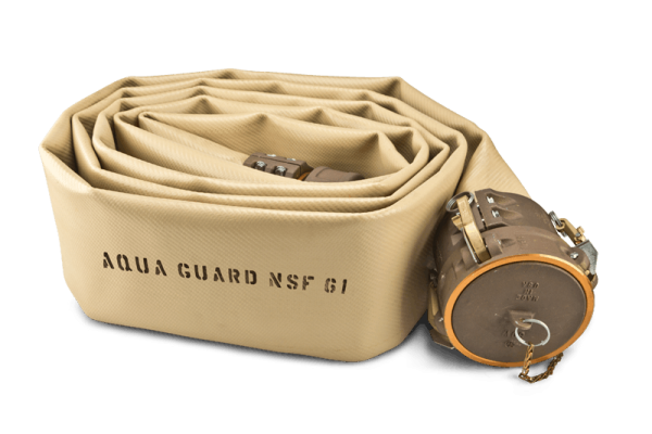 a tan aqua guard hose rolled up and lying on its side