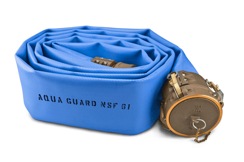 a tan aqua guard hose rolled up and lying on its side