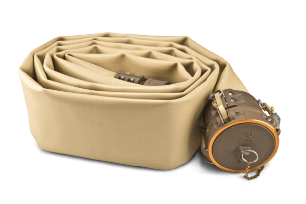 a tan fuel hose rolled up and lying on its side