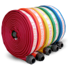five hi-combat hoses of various colors rolled up and sitting upright. from left to right, the hose colors are red, orange, yellow, green, and blue