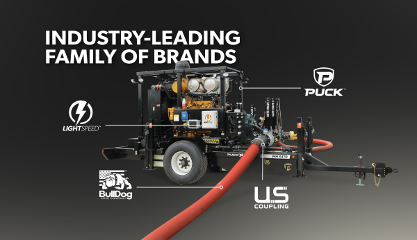 a black gradient background with a Puck pump trailer with hose attached and each aspect of Puck Family of Brands depicted with the corresponding logos and the overlaid title Industry-Leading Family of Brands