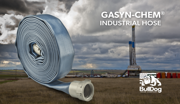 an oil field in the background and in the foreground is a clipped image of a donut coiled GASyn-CHEM hose from BullDog with the coupler facing out with the overlaid title GASyn-Chem Industrial Hose