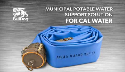 a coiled blue Aqua Guard lay-flat hose on a silver background with the overlaid title Municipal Potable Water Support Solution for Cal Water