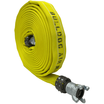 a yellow air raid hose rolled up with the nozzle pointed out