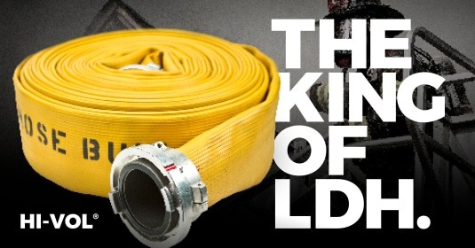 Hi-Vol Large Diameter Hose in yellow with the overlaid words "The King of LDH."