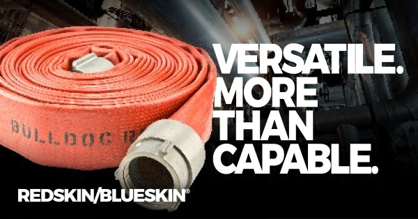 the redskin industrial firehose with the words overlayed, Versatile. More than Capable. Redskin/blueskin