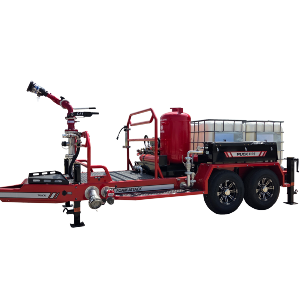 a red Puck Fire Triple Tote Foam Attack Trailer with dry chem skid