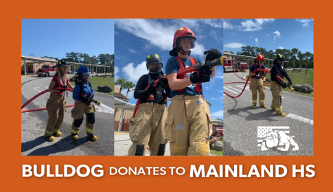 3 images of pairs of Mainland students using the bullDog Hose Company Hi-Combat II red attack hose in the school parking lot with an orange border and the words BullDog Donates to Mainland HS