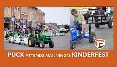an image of the kinderfest parade barrels being towed behind Jeremy Puck in a tractor, Doug Greving driving a second tractor and barrels behind him, the TTR 20 is behind them in the distance in the Kinderfest parade. an image of a child participating in the tractor pull is also on the orange background that reads "Puck attends Manning's Kinderfest"