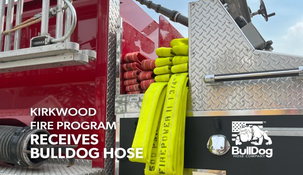 two sets of crosslays, BullDog's Firepower II attack fire hose, laying on a fire truck. the bottom right corner has the BullDog Hose Company logo and the bottom left has the overlaid title Kirkwood Fire Program Receives BullDog Hose