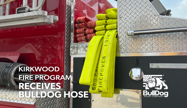 two sets of crosslays, BullDog's Firepower II attack fire hose, laying on a fire truck. the bottom right corner has the BullDog Hose Company logo and the bottom left has the overlaid title Kirkwood Fire Program Receives BullDog Hose