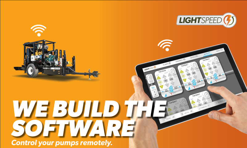 an orange fradient background with a pump trailer in the background and hands holding a tablet using the LightSpeed software with the overlaid words We Build the Software