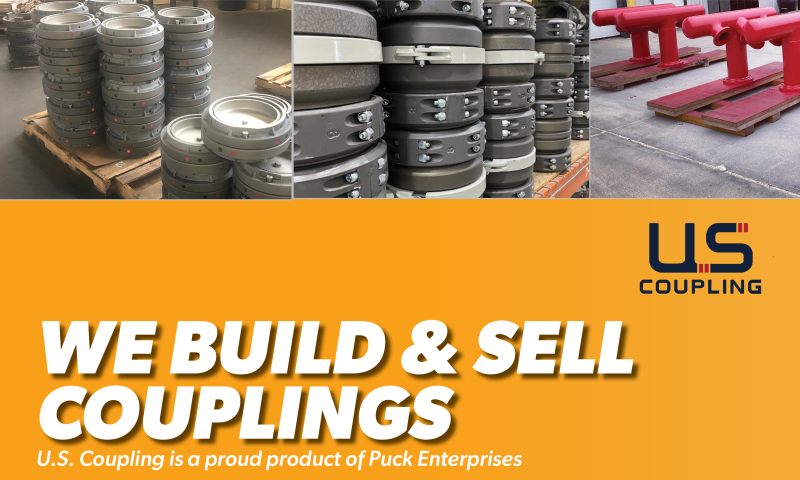3 images of U.S. Coupling products over an orange block that reads We build & sell couplings