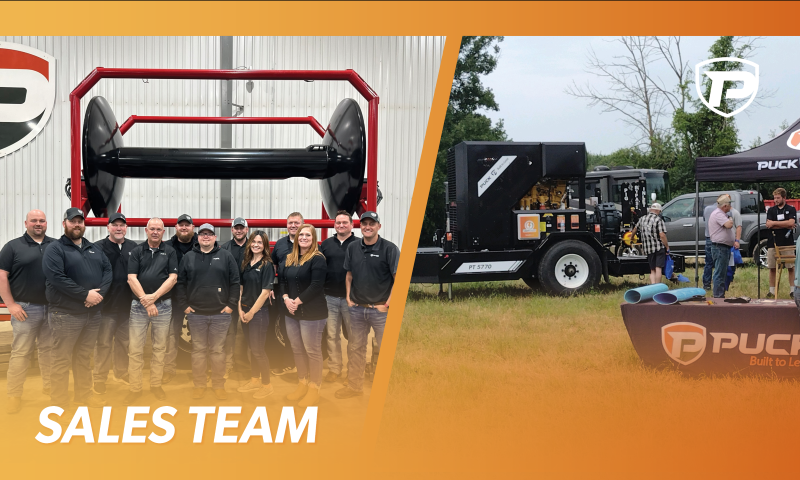 three images in an orange gradient frame with the overlaid title Sales Team. the right image is from a tradeshow and shows employees talking to attendees at the Puck booth, the left is a group photo of the Sales team