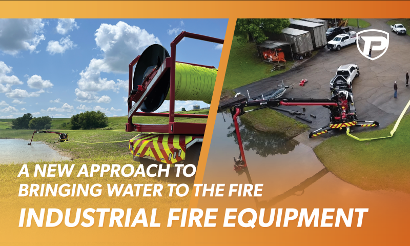 two images in an orange gradient frame with the overlaid title A New Approach to Bringing Water to the Fire Industrial Fire Equipment. the image on the left features a TTR15P hose cart in the foreground and a FF4500-45 with extended boom on the banks of a pond connected to a large Hi-Vol TPU hose in the background. the right image shows a FF4500-45 with extended boom ready to pump as the TTR15P begins to deploy hose.