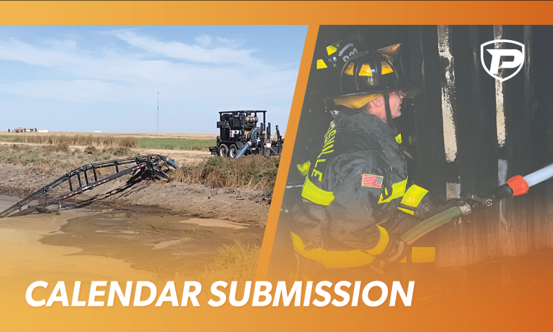two images in an orange gradient frame with the overlaid title Calendar Submissions. on the left is a lagoon feeder connected to a pump trailer via LDH on a manure lagoon bank, the right is a firefighter spraying hose in a burned container