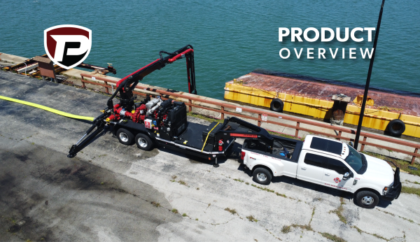 the FF4500-45 Force Feed Trailer sitting on the edge of a sea wall at Port Canaveral with the boom in the water. the Puck shield is in the top left corner and the title reads Product Overview