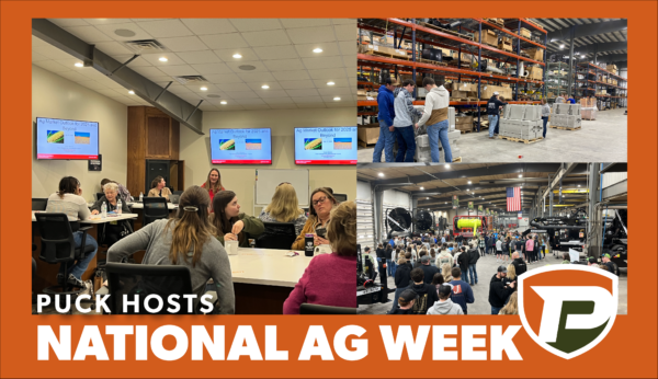 an image collage of Women in Ag during a speaker presentation, students wrapping packages in the warehouse, and 160 students gathered in the Puck showroom with an orange background and a title that reads Puck Hosts National Ag Week