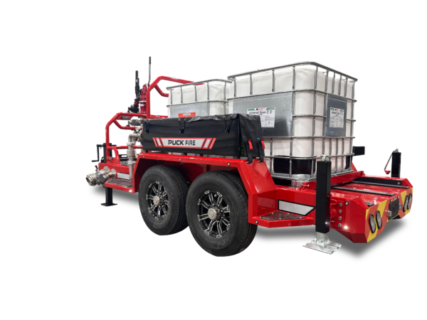 back drivers side of Puck Fire Dual Foam Tote Trailer