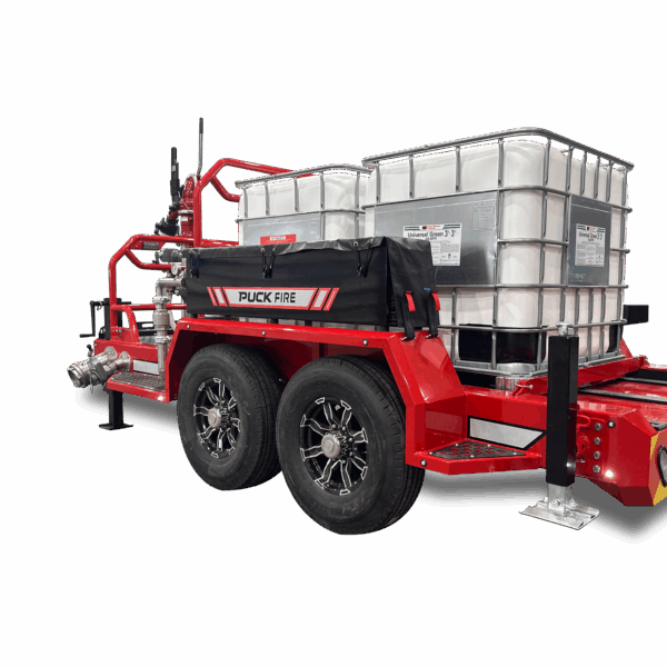 back drivers side of Puck Fire Dual Foam Tote Trailer