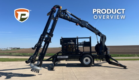 Puck AGI 1704 S with boom extended on cement in front of field with the overlaid title Product Overview