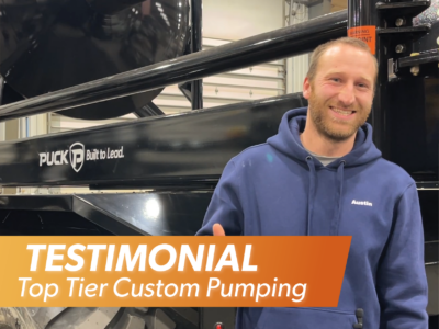 Austin Weig standing in front of a Puck hose cart with the overlaid title reading Testimonial Top Tier Custom Pumping
