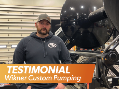 Ben Wikner standing in front of a Puck hose cart with the overlaid title reading Testimonial Wikner Custom Pumping