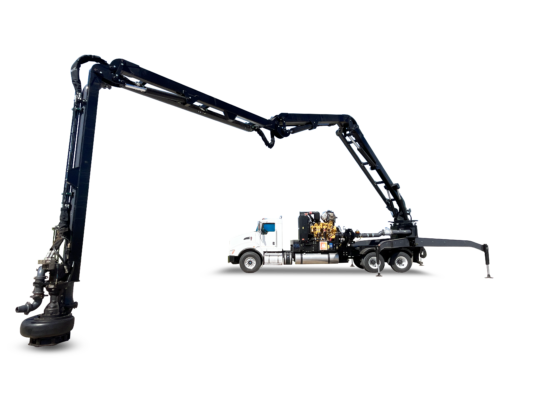 Puck Boom Truck with extended boom and outriggers