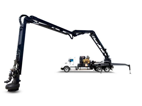Puck Boom Truck with extended boom and outriggers