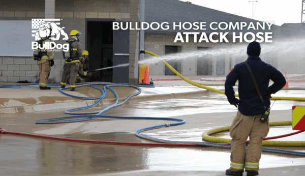 firefighters from Round Rock FD in full gear during training and using Hi-Combat handlines to spray water across a parking lot