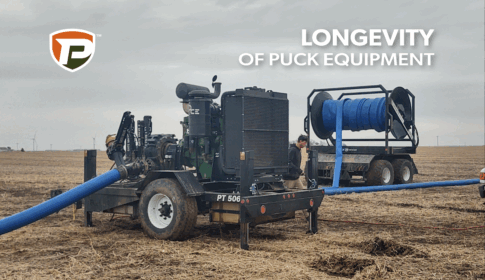 an older model of a Puck Pump trailer and TTR 20 in the field with the overlaid title reading Longevity of Puck Equipment