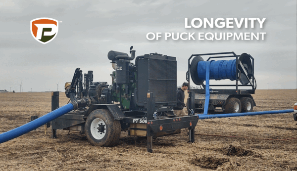 an older model of a Puck Pump trailer and TTR 20 in the field with the overlaid title reading Longevity of Puck Equipment