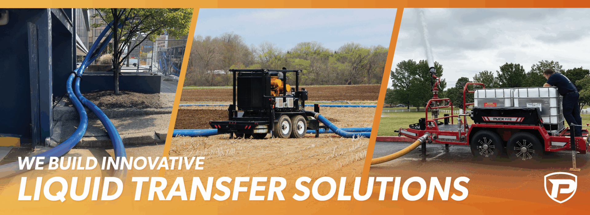 an image of Chiller Hose for rental chiller installations, an image of a booster pump with hose connected to it in a field, and an image of a dual foam tote trailer spraying water with the overlaid words reading We Build Innovative Liquid Transfer Solutions