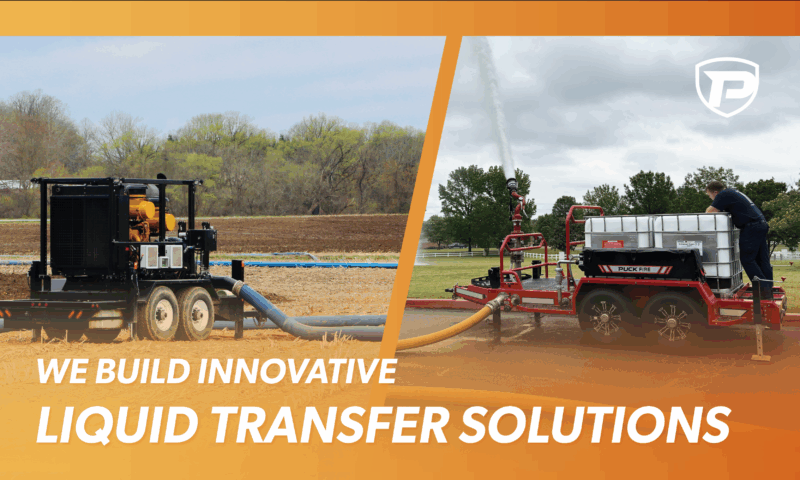 an image of a booster pump with hose connected to it in a field, and an image of a dual foam tote trailer spraying water with the overlaid words reading We Build Innovative Liquid Transfer Solutions