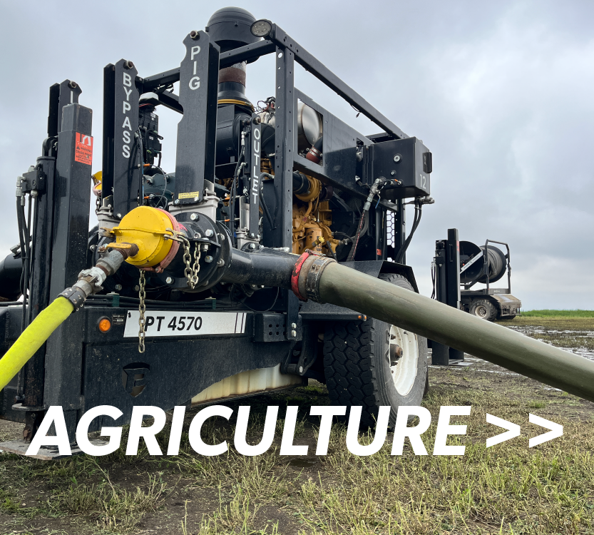 pump unit with mainline hose and air raid hose connected and turn table reel in the background with overlaid words that read Agriculture>>