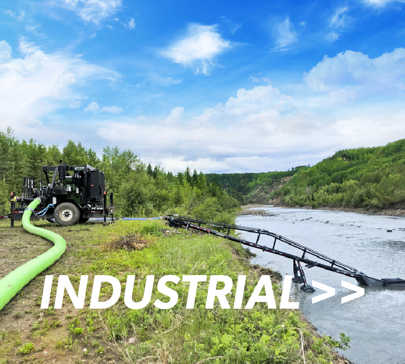 a lagoon feeder in a river connected to a pump trailer for water for fracking with overlaid words that read Industrial>>